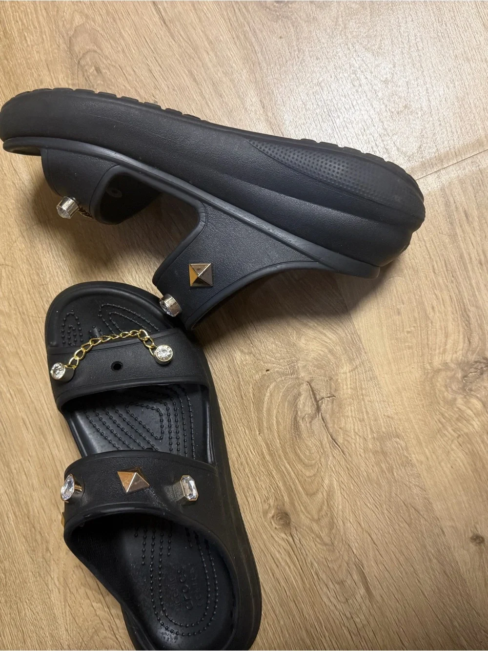CROCS Platform Black Slide Sandals with Gold Chain and gem charms